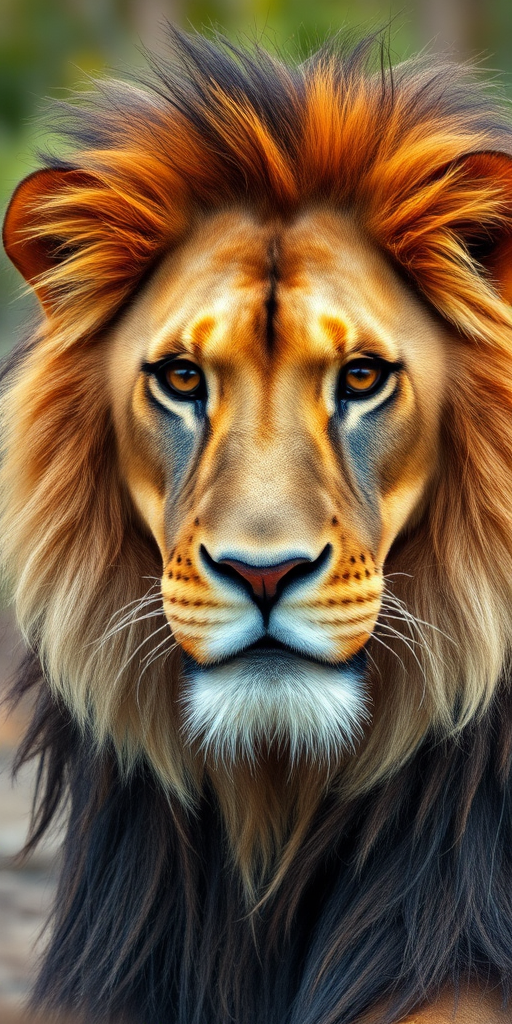 create a close-up portrait of a lion with a majestic mane and intense gaze, set against a blurred natural background
