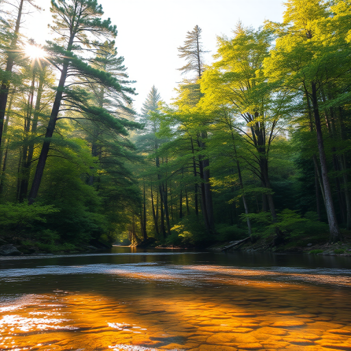 Create an image of a serene, sunlit forest scene with a clear, gently flowing river. Tall trees with lush green foliage line both sides of the river, their leaves bathed in the warm golden light of the setting or rising sun. The sunlight filters through the trees, casting soft, dappled light on the river, which flows over smooth rocks and pebbles, creating a peaceful, natural atmosphere. The sky is bright with a few scattered clouds, and the overall mood is tranquil, evoking a deep sense of connection with nature. The image captures the beauty of a calm, pristine forest landscape at either dawn or dusk.