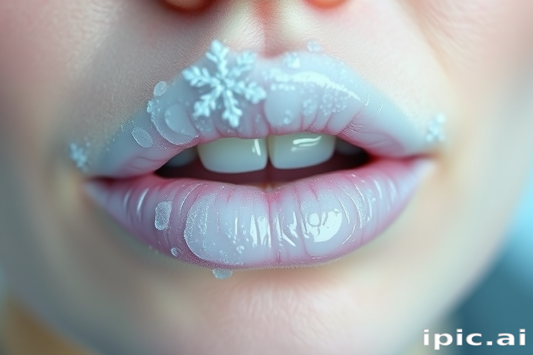 Icy white lips with a frosted pearl finish, titled "Arctic Frost," featuring a cooling effect and subtle blue undertones for a wintry look