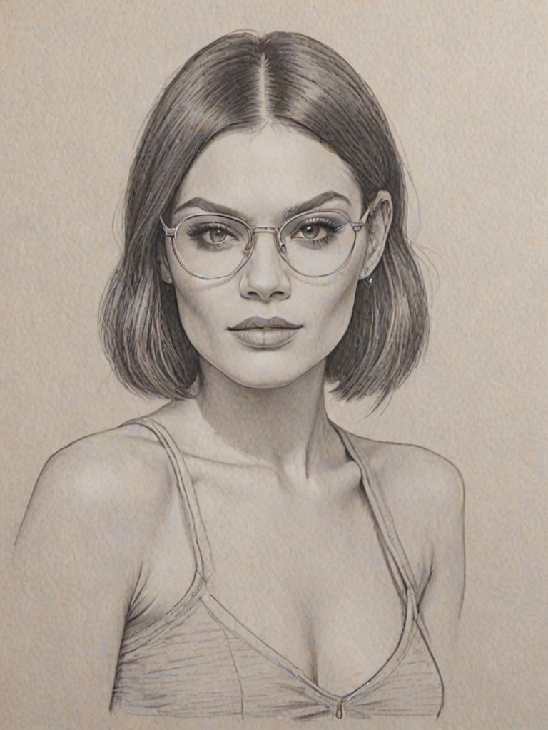 Appealing Jessie J, pencil sketch, portrait of Radiant woman 1976s in glasses, hair style beatnik, outline, clear lines, fine lines, 8k