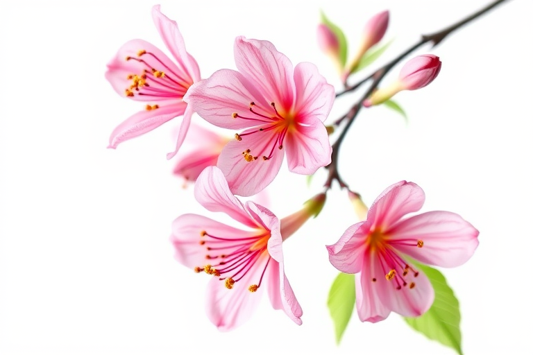 create a vibrant watercolor illustration of a pink flower branch on a white background, using a Canon EOS R5 with a 50mm f/1.2 lens, aperture set to f/2.8, ISO 100, 1/200s shutter speed, focused on the flower details, soft natural lighting for an artistic effect.