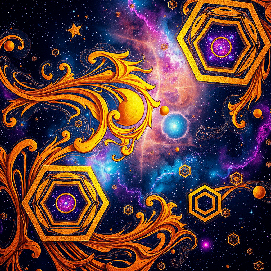 Create a vibrant abstract space image featuring swirling golden patterns and hexagonal shapes against a cosmic background with stars and nebulae, captured with a DSLR camera at f/2.8, ISO 100, 24mm lens, in a macro style.