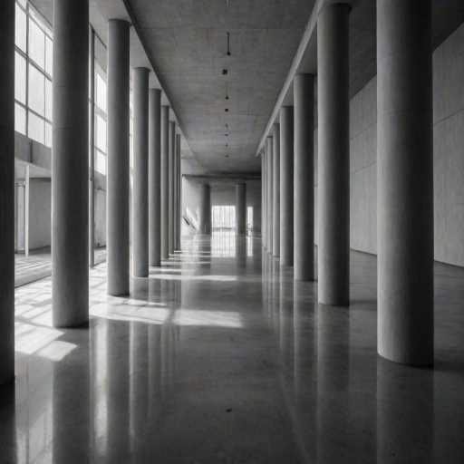 create a black and white image of tall concrete columns casting long shadows on a smooth floor in an indoor setting with dramatic lighting and a sense of depth and perspective