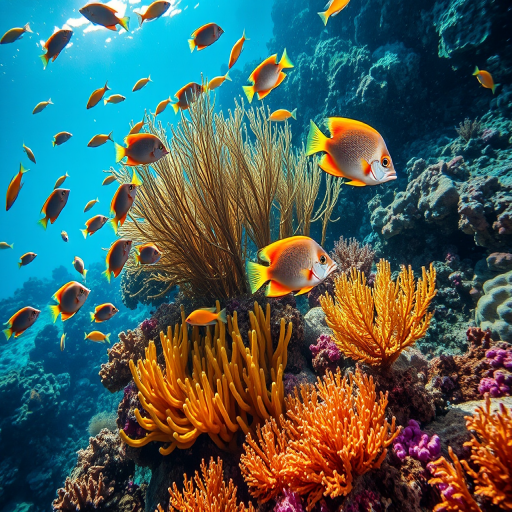 Create a vibrant underwater scene featuring colorful fish swimming among bright coral reefs and sea plants, captured with a Canon EOS R5, 35mm lens, f/2.8 aperture, ISO 200, and a shallow depth of field for enhanced detail and color saturation.