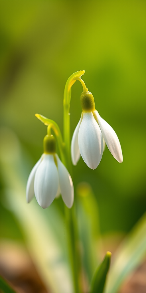capture a close-up shot of two delicate white snowdrop flowers against a softly blurred green background, using a macro lens at f/2.8 for a shallow depth of field, ISO 200, shutter speed 1/200 sec, with natural light for enhanced color and detail