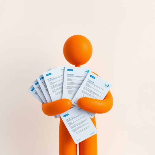 Create an illustration of a stylized orange figure holding multiple blue resumes, with a clean, minimalistic background, captured with a Canon EOS 5D Mark IV, 50mm lens, f/2.8 aperture, ISO 100, shot in natural light to enhance detail and color vibrancy.