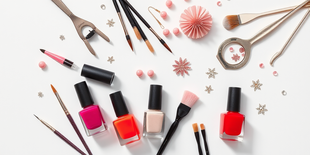 Create an overhead flat lay image of nail care tools including nail polish bottles, brushes, and embellishments, using a Canon EOS R5 with a 50mm f/1.2 lens, ISO 100, aperture f/2.8, and natural light for soft shadows and vibrant colors.