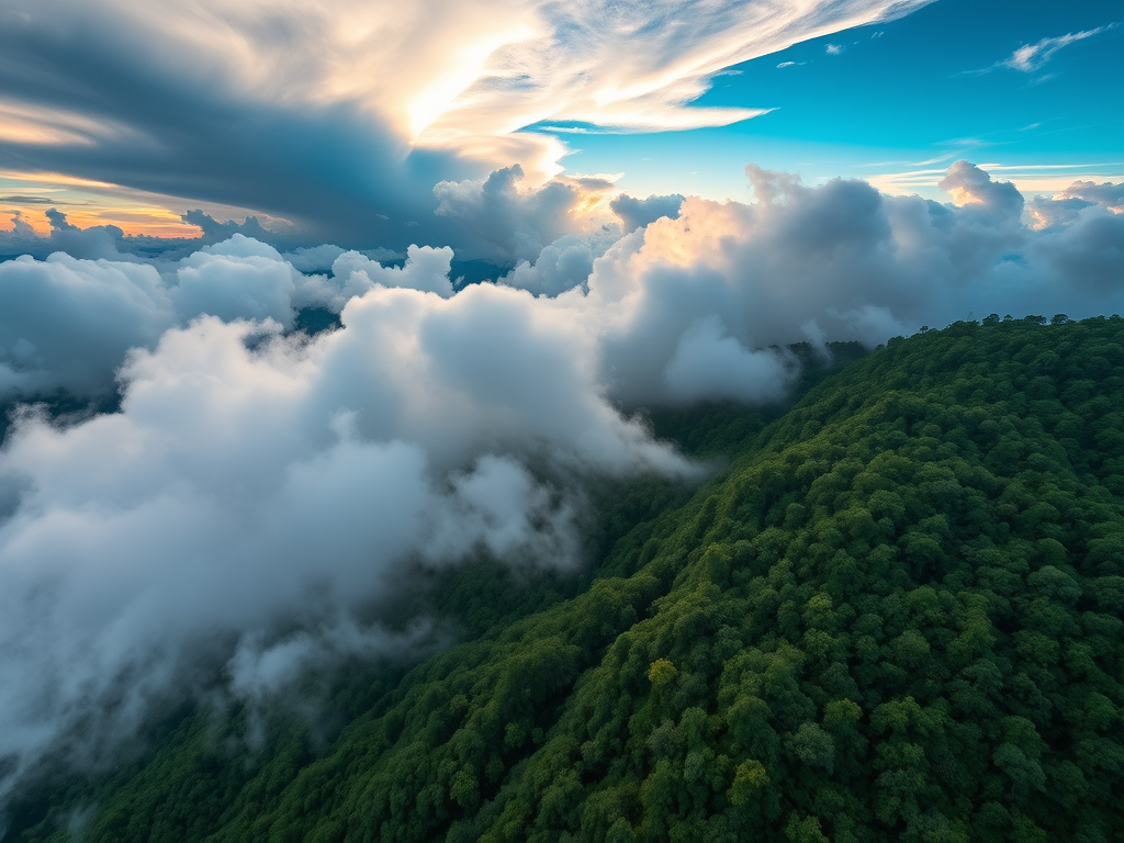 capture a high-resolution aerial view of a lush green mountain landscape partially covered by dramatic clouds at sunrise with a Canon EOS R5, 24mm f/1.4 lens, ISO 100, f/8, 1/200 sec