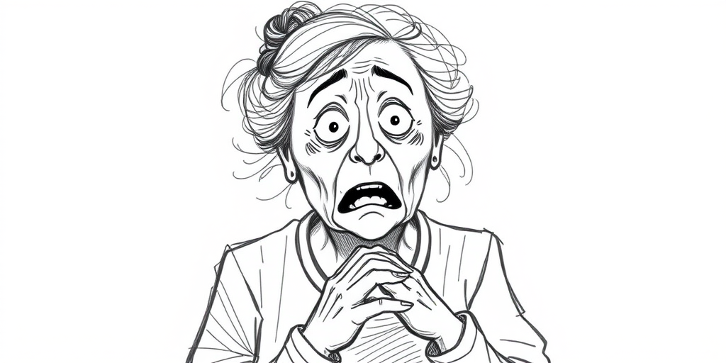 scribbly unfinished sketch, old lady with messy gray hair in a loose bun, surprised expression, mouth open, hands clasped together in front of her chest. Her eyes are wide, eyebrows are furrowed. vibe of shock or surprise.