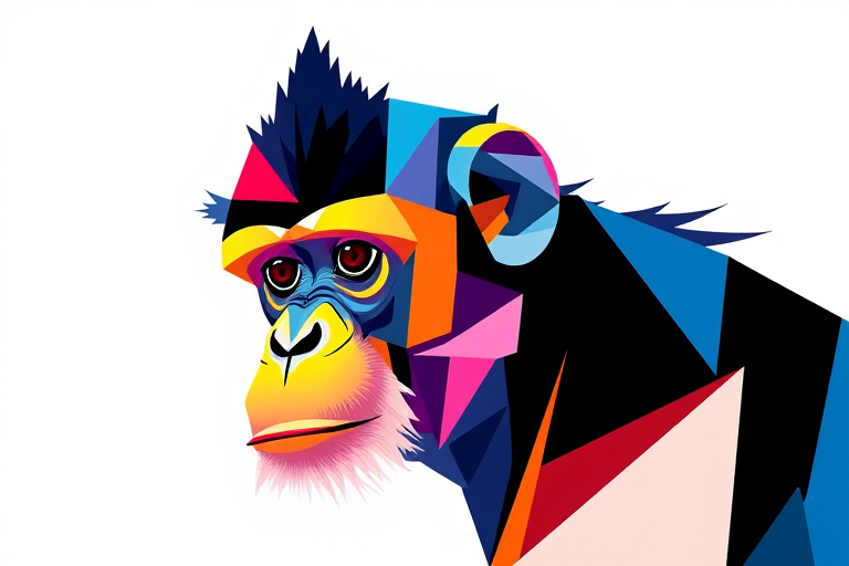 create an abstract illustration of a monkey using vibrant geometric shapes and colors with a clean white background, shot with a Canon EOS 5D Mark IV, 50mm lens, f/8 aperture, ISO 100, and a soft lighting style for enhanced detail and clarity