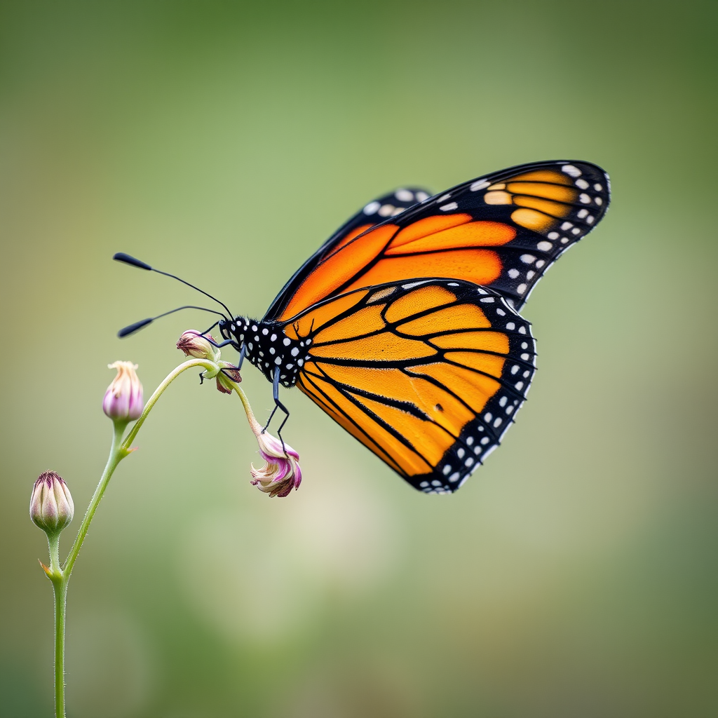 Generate a close-up image of a monarch butterfly perched on a delicate plant stem. The butterfly should display vibrant orange and black wings with intricate patterns. The background should be softly blurred to highlight the butterfly, creating a serene and natural atmosphere.