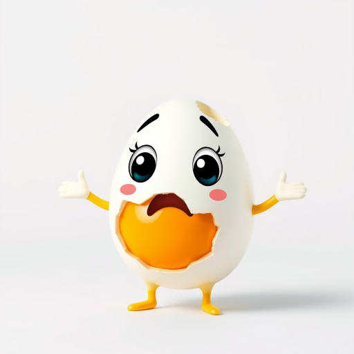 Create a cartoon-style image of a surprised egg character with cracked shell pieces and a yellow yolk body, set against a plain background, with a high-resolution digital camera at 50mm focal length, f/2.8 aperture, ISO 100, and a 1/200 sec shutter speed for clarity and vibrant colors.