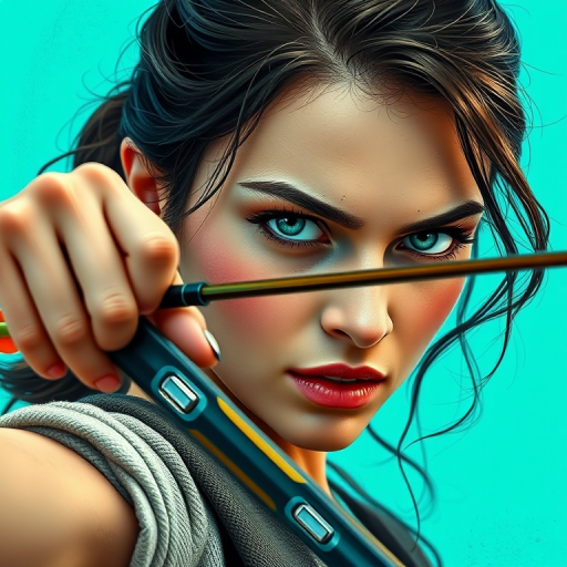 a highly detailed portrait of a woman drawing a bow and arrow, fierce expression, vibrant turquoise background, sharp focus, 50mm lens, f/1.8, natural lighting, textured brush strokes for artistic effect, digital painting style