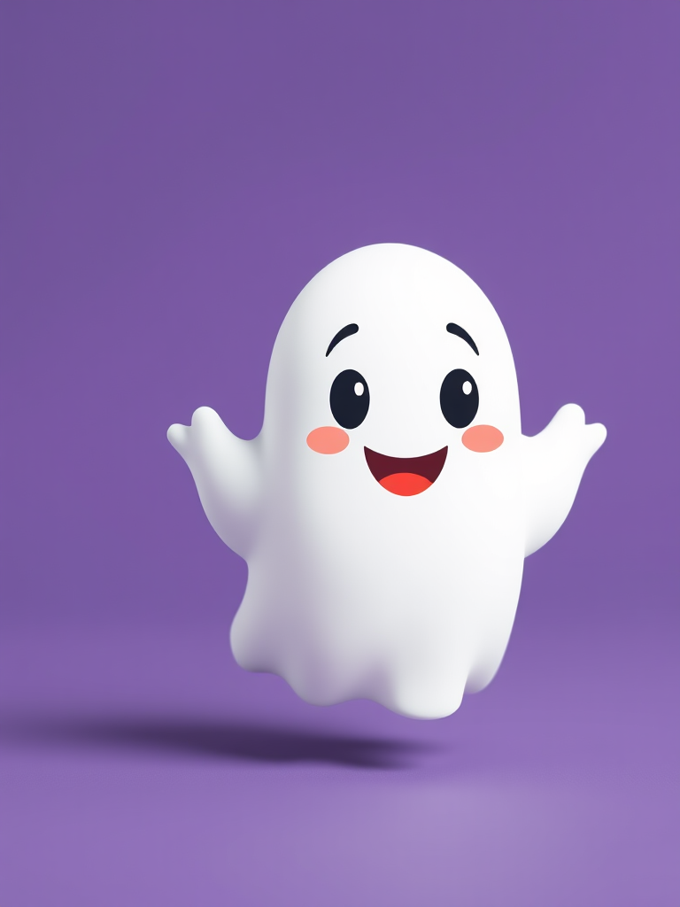 Generate a cute cartoon ghost character with a happy expression on a solid purple background, using a Canon EOS R5 camera, 50mm lens, f/1.8 aperture, ISO 100, and natural light for enhanced image quality.
