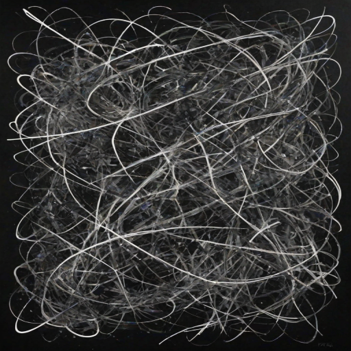 create an abstract black and white artwork featuring chaotic, overlapping scribbles and lines on a dark background