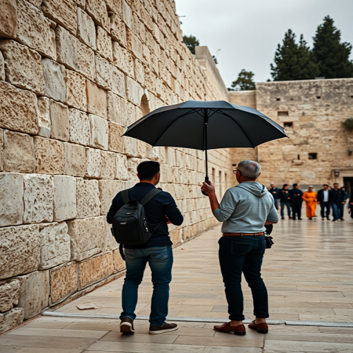 Regenerate an image of two people standing at the Western Wall in Jerusalem with one holding a black umbrella, shot with a Canon EOS R5, 24mm lens, aperture f/2.8, ISO 200, in natural light, perspective view.