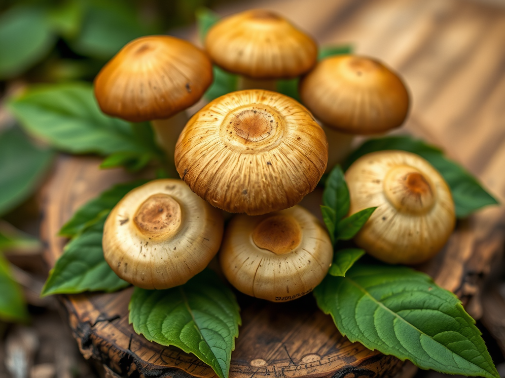 Capture a close-up shot of several brown mushrooms on a wooden board with fresh green leaves around them, using a DSLR camera with a 50mm lens, aperture set to f/2.8 for depth of field, ISO 200 for clarity, and natural lighting to enhance textures and colors.