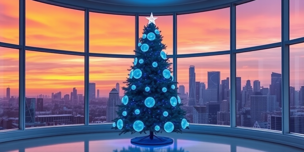 Create an image of a modern Christmas tree design featuring a sleek, minimalist style. The tree should be adorned with large, glowing blue and white circular lights. Position the tree in a contemporary room with large windows showcasing a city skyline at sunset, highlighting a vibrant orange and purple sky. The interior should have a clean, elegant aesthetic with a touch of holiday spirit.