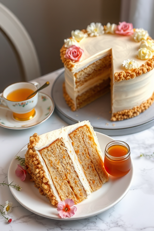 A beautifully decorated layer cake with a creamy frosting and chopped nuts on the sides, a slice of the cake on a plate showing its layers, surrounded by flowers and a small jar of caramel sauce, set on a marble table with a delicate tea cup.