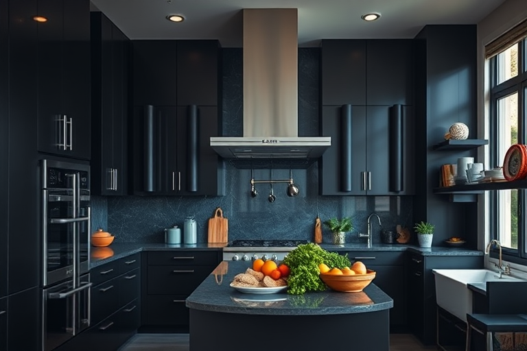 A modern kitchen interior featuring dark cabinets, a stainless steel hood, and a central island with fresh ingredients; shallow depth of field, soft natural lighting, taken with a Canon EOS R5 at f/2.8, 1/60s, ISO 400, 24mm wide-angle lens.