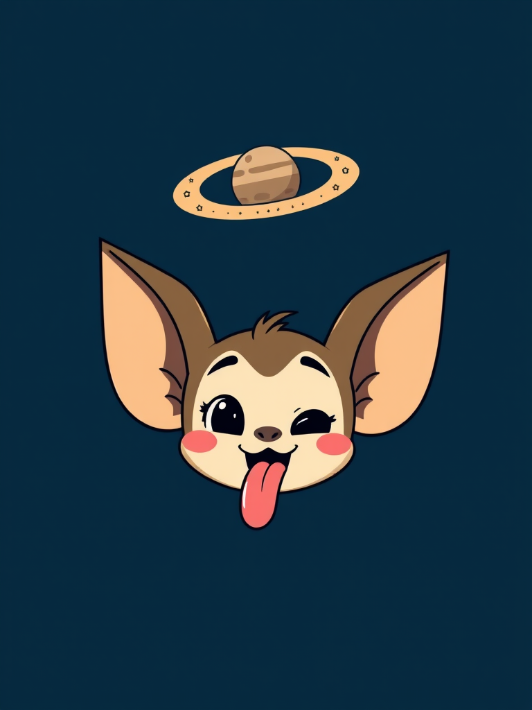 Create a cartoon character with big ears and a playful expression sticking out its tongue against a dark blue background with a small planet and rings floating above it, including some twinkling stars.