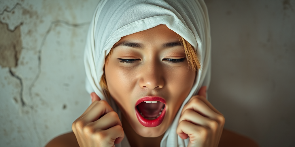 Create a close-up photographic image of a Asian woman with light skin tones shown against an old, worn wall. Their head is wrapped in a white cloth covering (i.e.... parts of the head except the nose and mouth, which are open as if they are screaming...), with a slight texture and visible folds in the fabric. Thin strands of blonde hair escape from the wrapping above, falling lightly at the top and sides. Their hands hold the fabric as if they are tugging nervously. The lighting is dramatic and even, casting strong shadows. The image has a minimalist and surreal style with an emphasis on simplicity with soft color tones. The composition is centered.