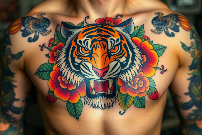 Colorful neo-traditional tattoo adorning the chest, featuring a fierce tiger surrounded by vibrant flowers and foliage, employing bold lines and saturated colors for a striking and eye-catching appearance