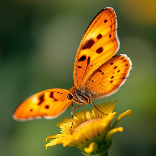 Close-up of a vibrant orange butterfly with striking patterns perched on a flower, shallow depth of field, soft bokeh background, natural lighting, shot with a DSLR camera at f/2.8, 100mm lens, ISO 200, 1/250s shutter speed.