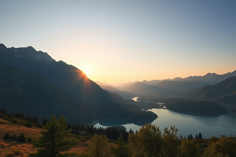 Generate a high-resolution image of a serene landscape featuring mountains, a lake, and a clear sky using a DSLR camera with a 24mm lens, aperture set to f/8, ISO 100, and a 1/125s shutter speed, taken at sunrise with a wide-angle view to capture the full beauty of the scene.