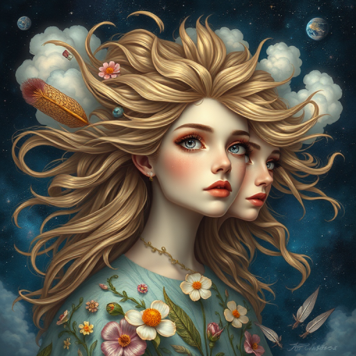 Create a series of imaginative portraits where each subject is infused with elements of fantasy and nature. The hair of the individuals should flow like clouds, varying from soft, fluffy cumulus to wispy cirrus strands, with hints of color reflecting a sunset or a clear blue sky. The eyes should be windows to entire galaxies, with stars, nebulae, and distant planets visible within them. Clothing should be adorned with nature motifs, such as floral patterns that bloom and change, vines that seem to grow and wrap around, or feathers that shimmer with iridescence. Each portrait should capture a unique personality, blending human features with the ethereal beauty of the natural and cosmic world. The backgrounds can vary, from starry night skies to enchanted forests, adding depth and context to the magical realism of the portraits