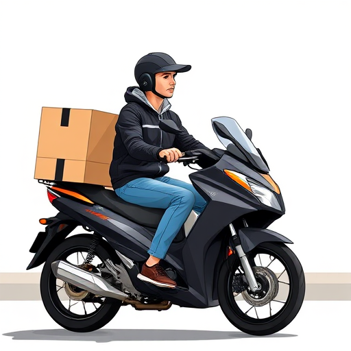 A young delivery rider on a black motorcycle with a box carrier, side view, high-resolution, 50mm lens, f/2.8 aperture, ISO 100, natural lighting, vector illustration style.