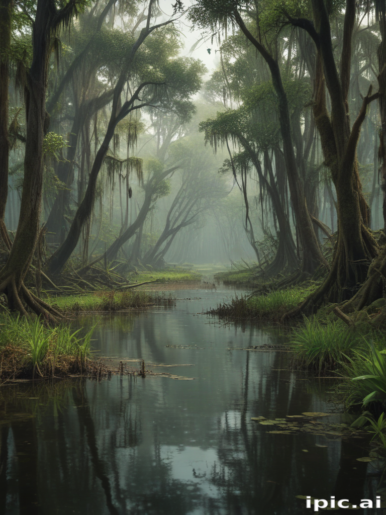 Serene Misty Forest with Lush Green Trees and Calm Reflective Water