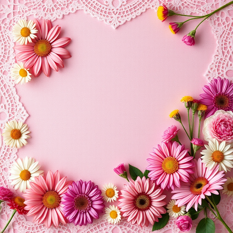 Create a floral background with a softly textured pastel pink canvas featuring intricate lace patterns, bright colorful flowers like daisies, roses, and gerbera scattered along the edges, shot with a DSLR camera at f/2.8, ISO 100, 50mm lens, natural lighting, top-down view for an enhanced depth of field.