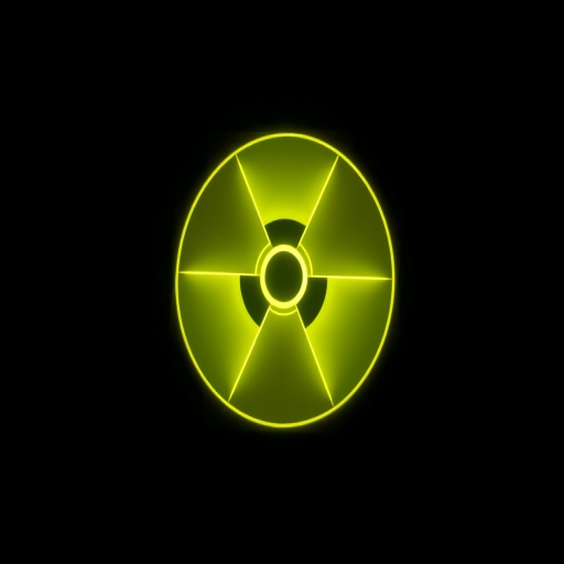 Regenerate the image of a glowing yellow radioactive symbol against a dark background, using a DSLR camera with a 50mm lens, aperture f/1.8, ISO 200, shutter speed 1/100s, and a macro view to enhance details and clarity.