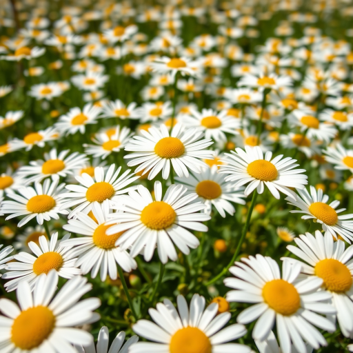Create a vibrant field of white daisies with yellow centers, shot with a DSLR camera at f/2.8 aperture, 1/200 sec shutter speed, ISO 100, taken from a low angle with a shallow depth of field to enhance foreground focus, using natural lighting for a bright, fresh feel.
