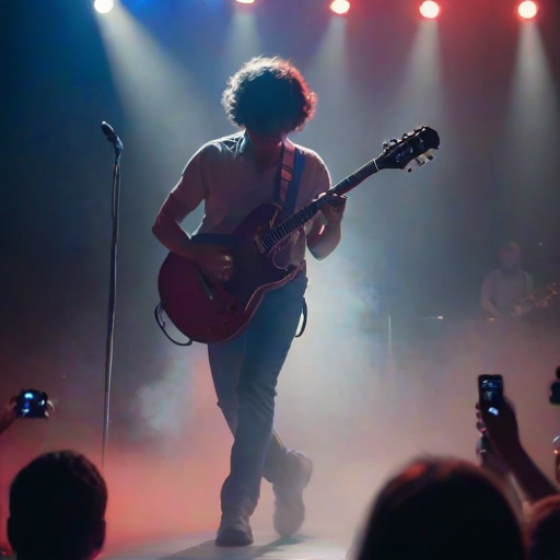 Blurry, dynamic shot of a guitarist strumming on stage under soft red and blue spotlights, smoke swirling in the air, and a cheering crowd barely visible in the background.