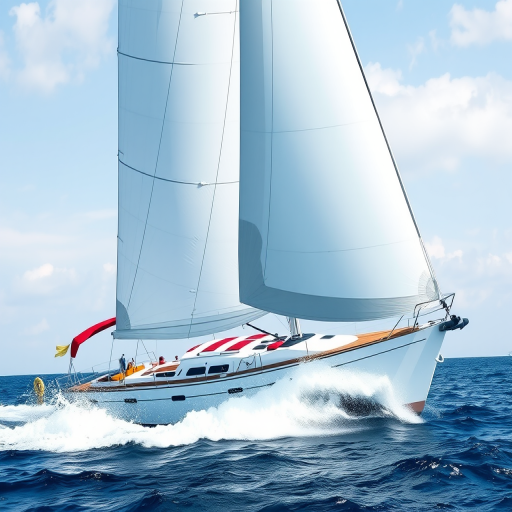 Create a high-resolution vector graphic of a sailboat with flowing lines and a dynamic feel, captured with a Canon EOS R5 in aperture priority mode at f/8, ISO 100, 24mm lens, with a wide-angle view to emphasize the movement of the sails.