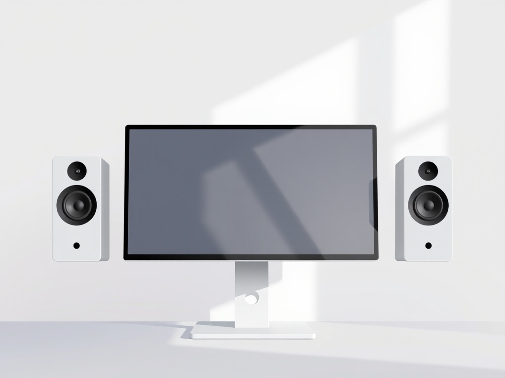 Create a high-resolution digital illustration of a modern computer monitor with two sleek speakers on either side, using a 50mm lens, f/2.8 aperture, ISO 100, in soft natural lighting, with a clean and minimalist style.