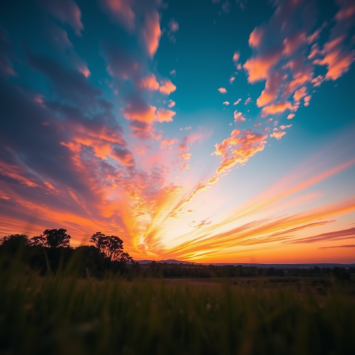 Generate an image of a serene landscape at sunset with vibrant colors in the sky, using a Canon EOS 5D Mark IV camera, 24mm lens, f/8 aperture, 1/125 sec shutter speed, ISO 100, shot in landscape orientation from a low angle to capture foreground details.
