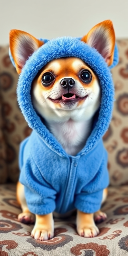 Create an image of a small dog wearing a blue fluffy hoodie with large floppy ears resembling a cartoon character sitting on a patterned couch with a cheerful expression.