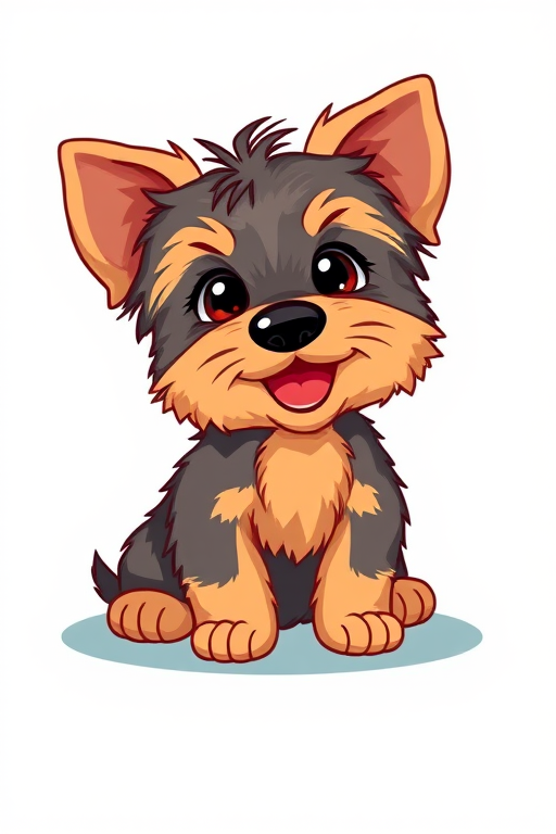 Create a playful and vibrant cartoon illustration of an adorable Yorkshire Terrier puppy sitting, using a DSLR camera with a 50mm lens, f/1.8 aperture, ISO 100, and a 1/200 shutter speed to enhance image quality and clarity.