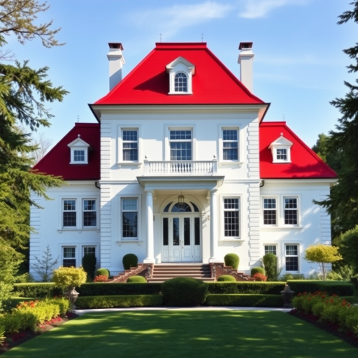 Create an artistic rendition of a beautiful white mansion with a red roof, featuring detailed windows and surrounded by a well-kept garden, captured in bright daylight using a DSLR camera, aperture f/8, ISO 100, 24mm lens, with a slight wide-angle view to enhance depth and perspective, focusing on vibrant colors and a watercolor effect.