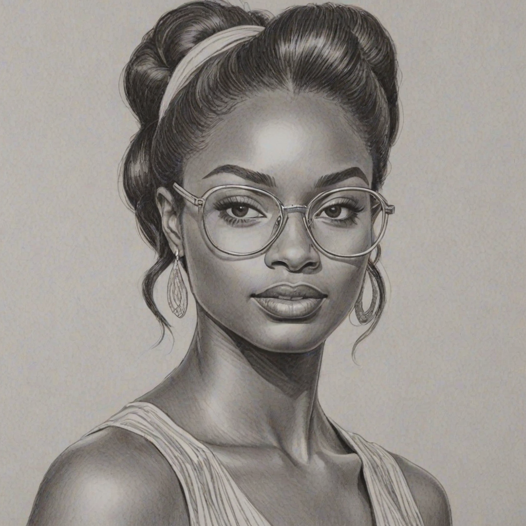 Magnificent Coco Jones, pencil sketch, portrait of Dazzling woman 1968s in glasses, hair style beatnik, outline, clear lines, fine lines, 8k