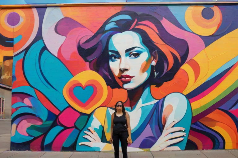 Vibrant street mural, with abstract shapes and bright colors, a woman stands in front of the massive artwork, her arms crossed as she admires the bold design.