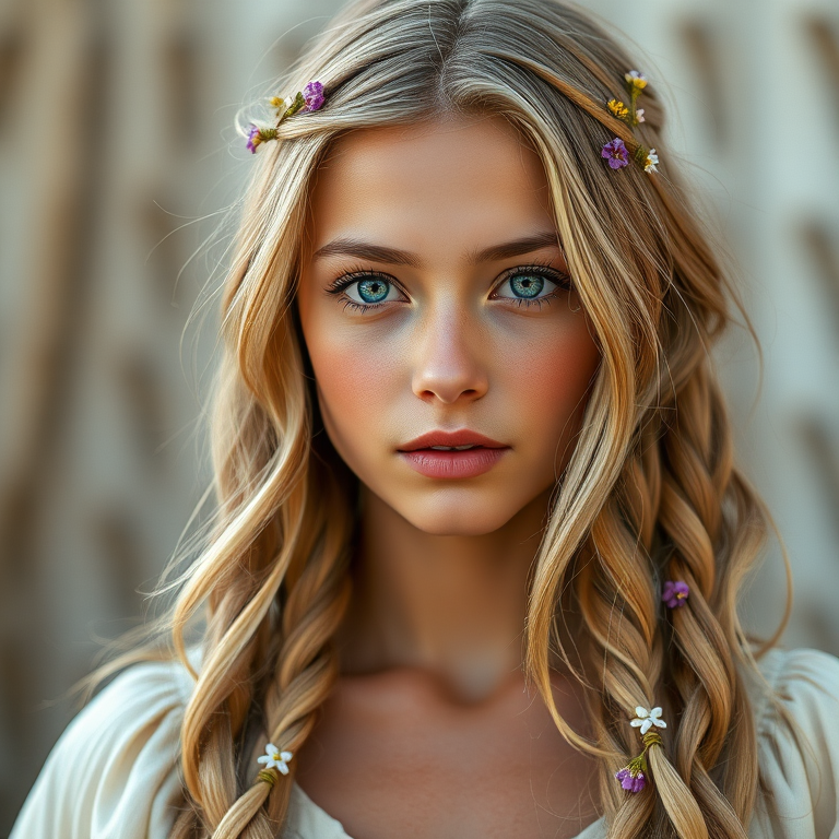 Create an image of a young Guarani woman with long, wavy blonde hair, adorned with small, colorful flowers woven into her braids and loose strands. Her complexion is fair, with soft, glowing skin, and she has light blue eyes that gaze softly at the viewer. She wears a light, flowing dress with a gentle, ethereal quality, complementing her delicate and serene appearance. The background is slightly blurred, drawing focus to her tranquil expression and the intricate details of the flowers in her hair. The overall mood of the image is one of natural beauty and grace, evoking a sense of peacefulness and connection with nature.
