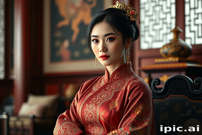 A beautiful woman in traditional East Asian attire, intricately detailed with embroidered patterns, sitting gracefully in a richly decorated room, soft ambient lighting, serene and elegant, ultra-realistic, 8K resolution