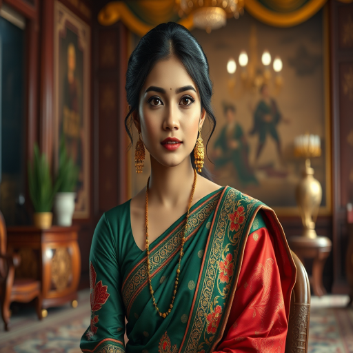 A beautiful Bangladeshi woman in traditional East Asian attire, intricately detailed with embroidered patterns, sitting gracefully in a richly decorated room, soft ambient lighting, serene and elegant, ultra-realistic, 8K resolution