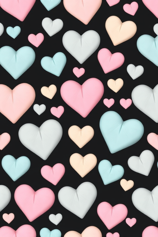 create a seamless pattern of pastel-colored hearts in various sizes on a black background, using a Canon EOS R5 with a 50mm f/1.8 lens, aperture f/2.8, ISO 100, and a soft focus effect for enhanced texture and depth.