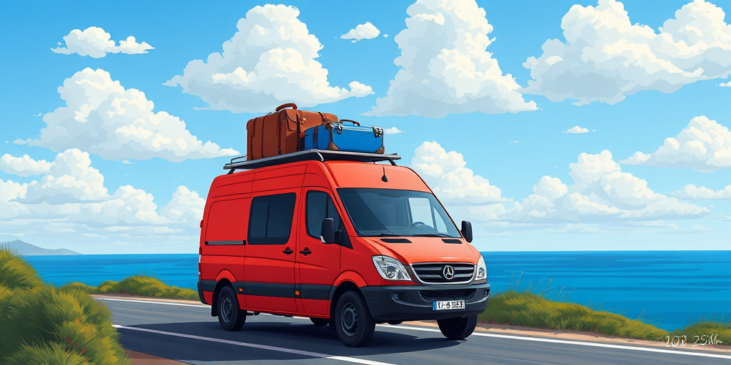Create a colorful illustration of a red delivery van with a blue suitcase and a brown suitcase on top, driving along a coastal road with shrubs on the side and a clear blue sky filled with fluffy clouds, using a digital art style with a focus on vibrant colors and smooth lines; camera settings: ISO 100, aperture f/8, shutter speed 1/200s; camera view: side perspective; camera style: illustrative; camera type: digital tablet.