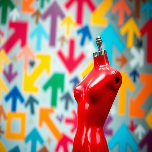 create a dynamic composition featuring a red mannequin in the foreground with an abstract background of colorful arrows and symbols, using a DSLR camera at 50mm f/1.8 aperture, ISO 200, with a shallow depth of field to enhance focus on the mannequin while softly blurring the vibrant background.